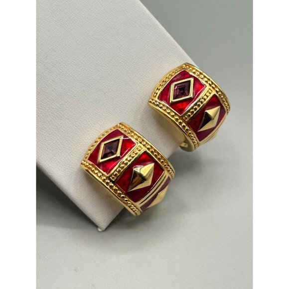 Swarovski Gold Plated Red Enamel & Purple Crystal Huggie Hoop Earrings - Picture 3 of 7